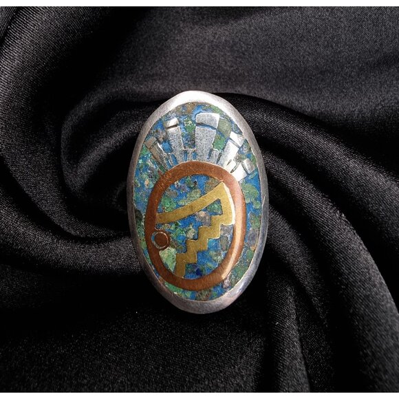 Vintage 925 Sterling Silver Mexican Brooch Pendant With Inlaid Turquoise & Coppe - Picture 1 of 5